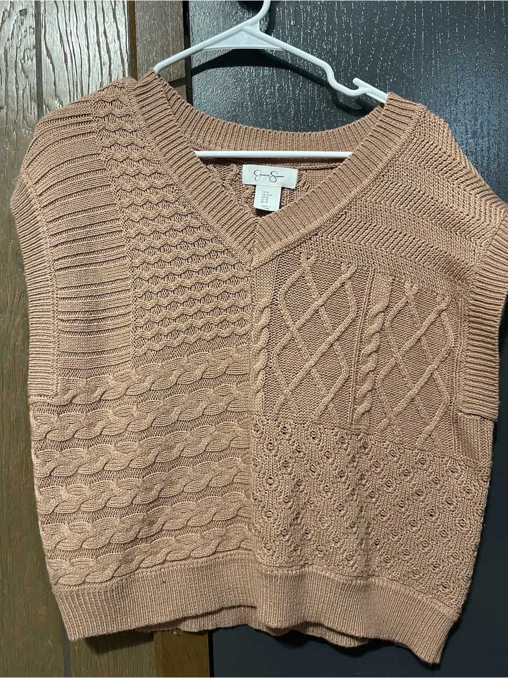 Jessica Simpson Cable Knit V-Neck Sweater Vest in Taupe